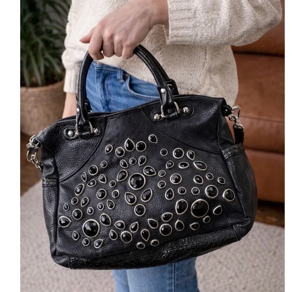 Kathy Van Zealand Y2K Black Studded Gem-Embellished vegan leather Satchel - Picture 1 of 15